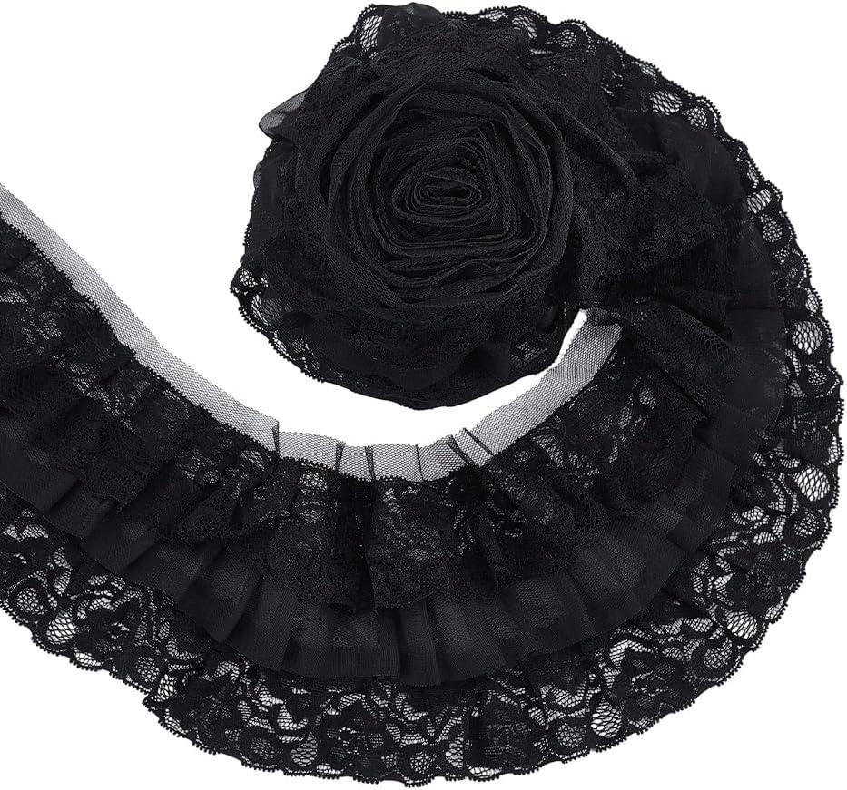 UNICRAFTALE 4.37 Yards 3 Layer Pleated Organza Lace Edge Trim 4 Inch Wide Gathered Ruffle Chiffon Ribbon Black Pleated Edging Trimmings Fabric for Cloth Sewing Embroidered Applique