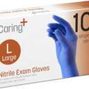 Caring Nitrile Exam Gloves, Blue, Powder-Free, Disposable Gloves for Medical Care, First Aid, Cleaning, Food Prep, Large, Pack of 100