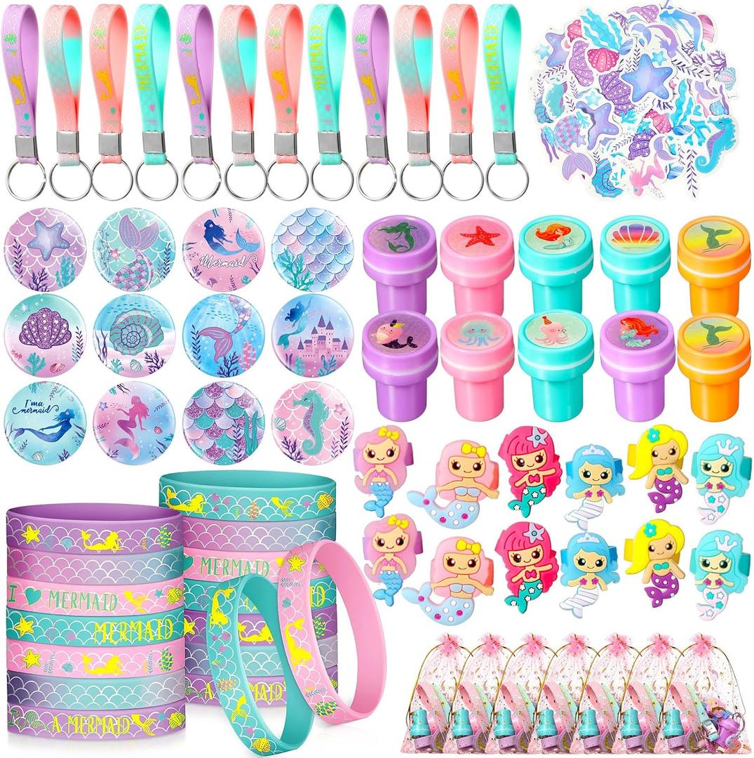 Capoda 122 Pcs Mermaid Party Favors for Girls Mermaid Theme Bracelets Keychains Pin Badges Stampers Rings Stickers Organza Bags for Piata Stuffers Goodie Bag Fillers Birthday Decorations Supplies