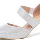 Women's Pointed Toe Kitten Heel Pumps, Elastic Strap Dress Shoes, Slip On Professional Office Wear (Silver, M)