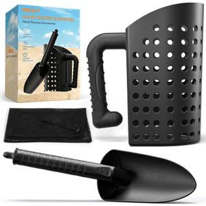 INCLY Sand Scoop & Shovel, Detecting Accessories for Kid & Adult Metal Detector, Sand Sifter Treasure Hunting & Digging Tool at The Beach & More, Black - Come with Mesh Bag