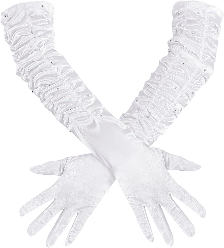 SUMERSHA Long Satin Gloves With Rhinestones Women Elbow Length Sparkly Opera Party 20s Gloves Wedding Costume Accessories