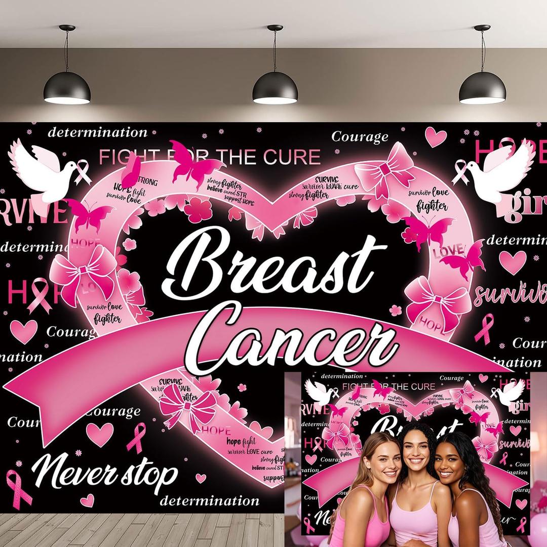 Breast Cancer Awareness Backdrop Pink Ribbon Breast Cancer Banner Breast Cancer Month Flower Butterfly Photography Backdrop Love Hope Survivor Charity Party Photo Booth Decorations (7X5FT)