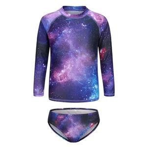 Lollisy Big Girls Long Sleeve Rash Guard Set Bathing Suits Two Piece Swimsuits for Kids Swim Shirts Purple Nebula Size 9-10 Years
