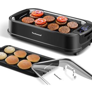 Indoor Smokeless Grill, Techwood 1500W Electric Indoor Grill with Tempered Glass Lid, Portable Non-stick BBQ Korean Grill, Turbo Smoke Extractor Technology, Drip Tray& Double Removable Plate, Black