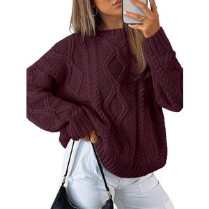 Trendy Queen Women's Oversized Cable Knit Crewneck Sweaters(WineRed,Small)