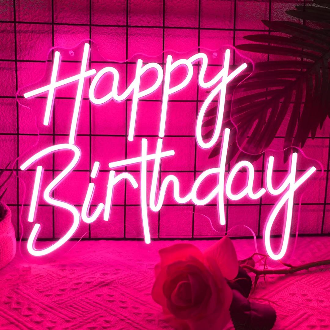 Happy Birthday Neon Sign LED Happy Birthday Light Up Sign for Wall Decor | Pink 15.7 x 11.8 Inch Dimmable USB Powered Birthday Neon Light for All Birthday Party Decorations Backdrop Room Bar Home