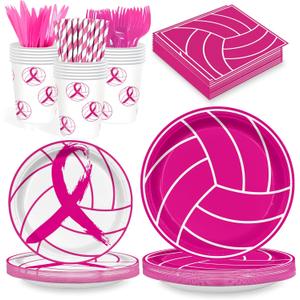 168 PCS Pink Volleyball Party Supplies Serves 24, Disposable Tableware Set with Plates Napkins Cups Cutlery Straws, Sports Birthday & Breast Cancer Awareness Decorations