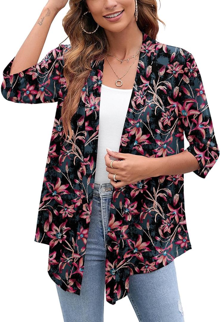 Heymoments Women's Lightweight Open Front Cardigans 3/4 Sleeve Casual Soft Drape Fall Cardigan XL (B02-pink Floral)