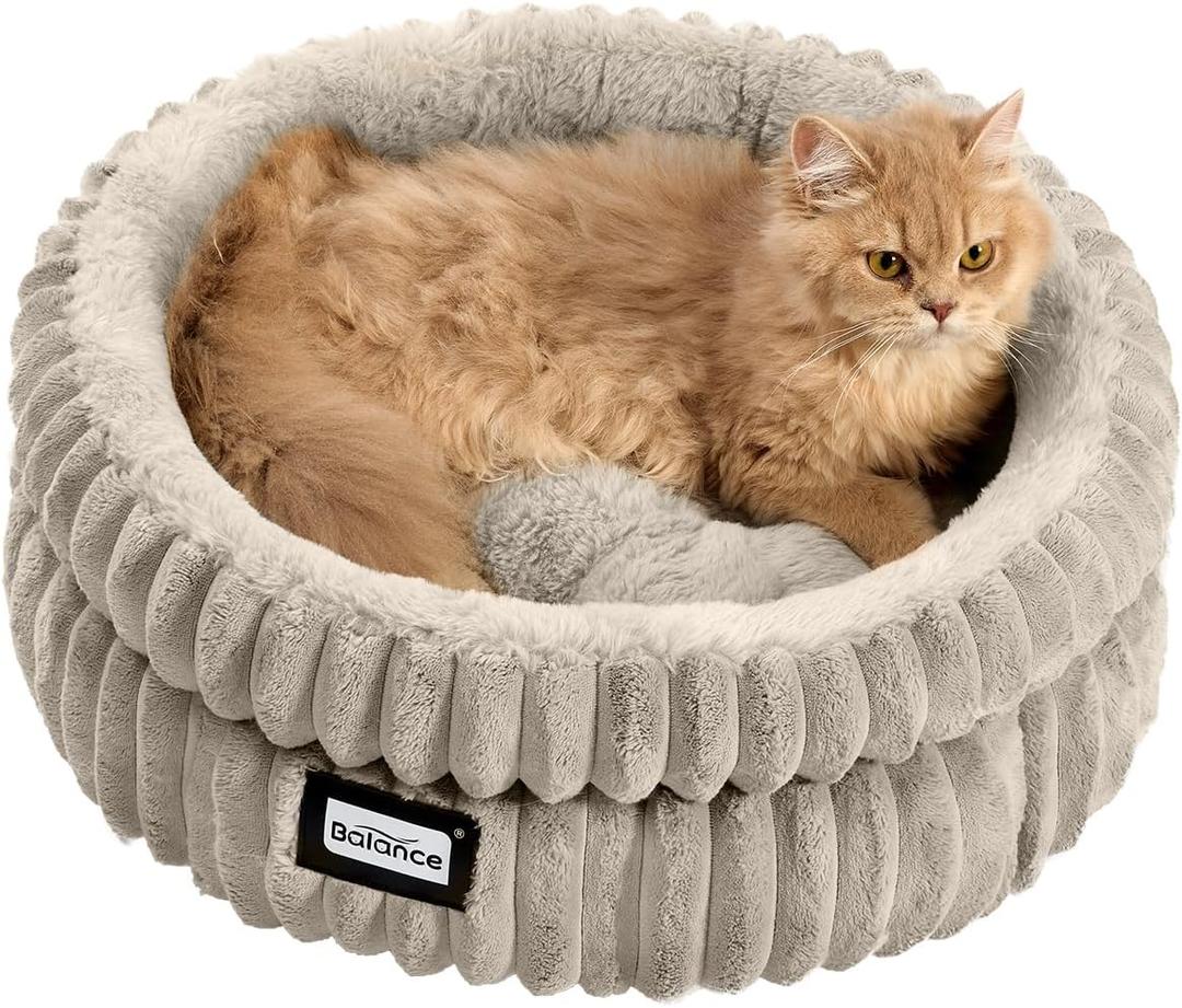 BALANCE Cat Bed Kitten Bed, Washable Round Cat Beds for Indoor Cats,Super Soft Plush Faux Fur Pet Bed for Puppy and Kitten with Anti-Slip Bottom (Wind Chime)