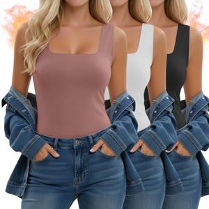 Velvelhall 3 Pack Women's Thermal Tank Tops, Fleece Lined Raw Hem Sleeveless Tops Camisole Warm Square Neck Base Layer Vest(Black, White, Smoky Pink,Large)
