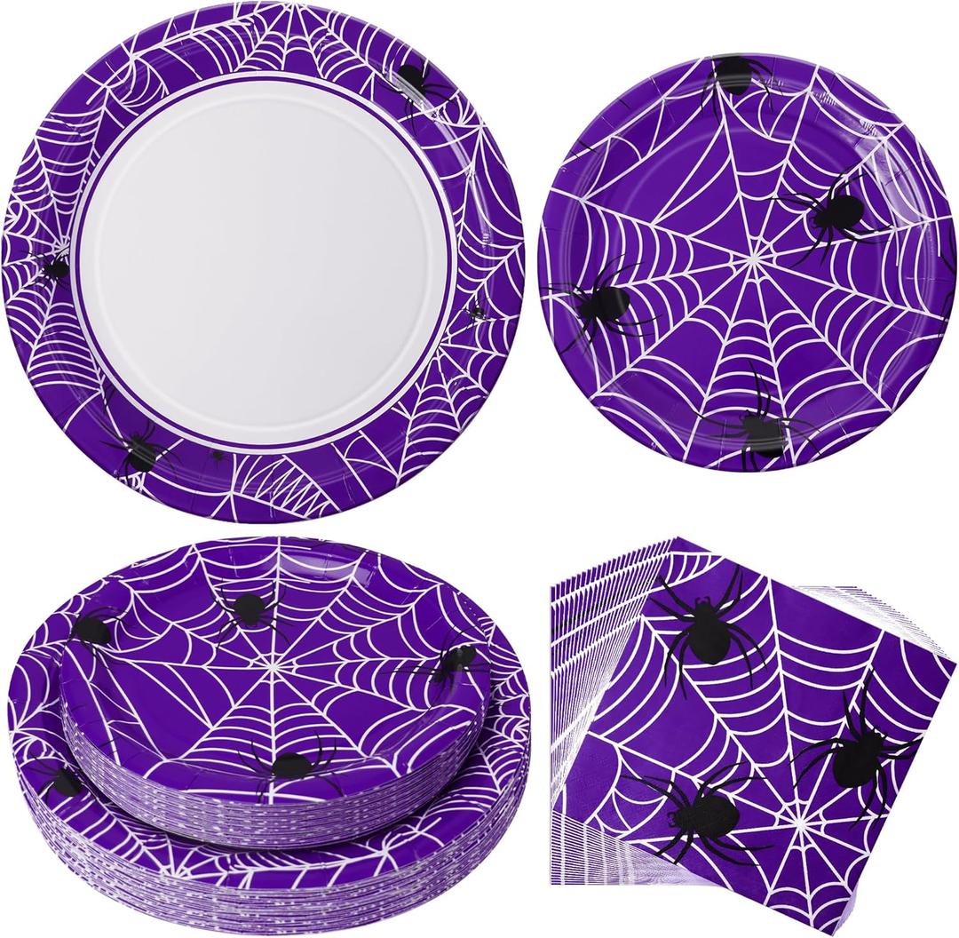 Paper Plates & Napkins, 25 Guest Disposable Party Supplies, Spider Webs and Spider Patterns Tableware Decorations Favors, 75pcs Including 9" & 7" Plates & Napkins for Halloween, Birthday, and Parties