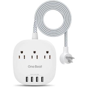 One Beat Desktop Power Strip with 3 Outlet 4 USB Ports 4.5A, Flat Plug and 5 ft Long Braided Extension Cords for Cruise Ship Travel Home Office, ETL Listed