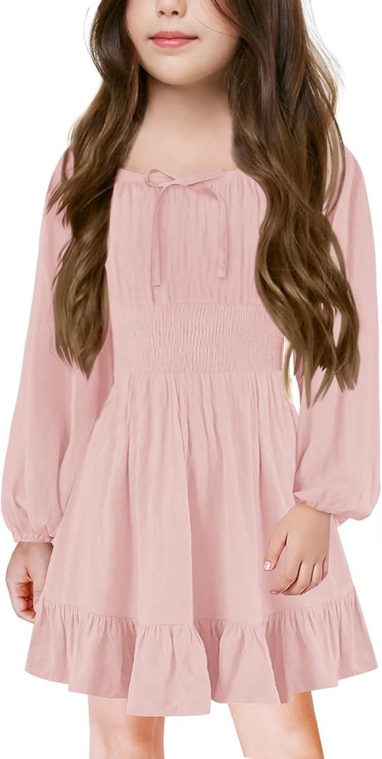 Batermoon Girls Long Sleeve Square Neck Casual Boho Smocked Short Dresses 5-14 Years