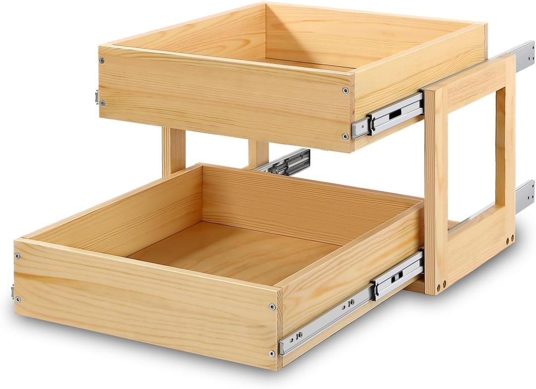 Pull Out Cabinet Organizer, 26''W21''D16''H Soft Close Slide Out Wood Drawer Shelves Storage for Kitchen, 2-Tier, Finished, Heavy-Duty, Bottom Assembly
