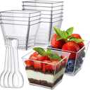 Poever 3.8 oz Plastic Dessert Cups with Spoons 50 Pack, Clear Square Mini Dessert Cups Appetizer Cups Parfait Cups Tumbler Cups for Mousse Puddings, Party Supplies