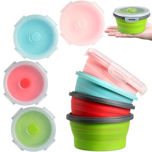 Suclain 4 Pcs Collapsible Bowls with Lids Silicone Camping Food Storage Container Expandable Folding Salad Lunch Box Travel Container for Hiking Camping(Red, Pink, Blue, Green,12 oz)