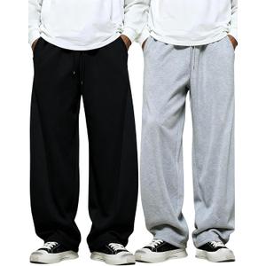 SOLY HUX Men's Athletic Sweatpants 2 Packs Drawstring Elastic Waist Wide Leg Baggy Sports Pants (Black, L)