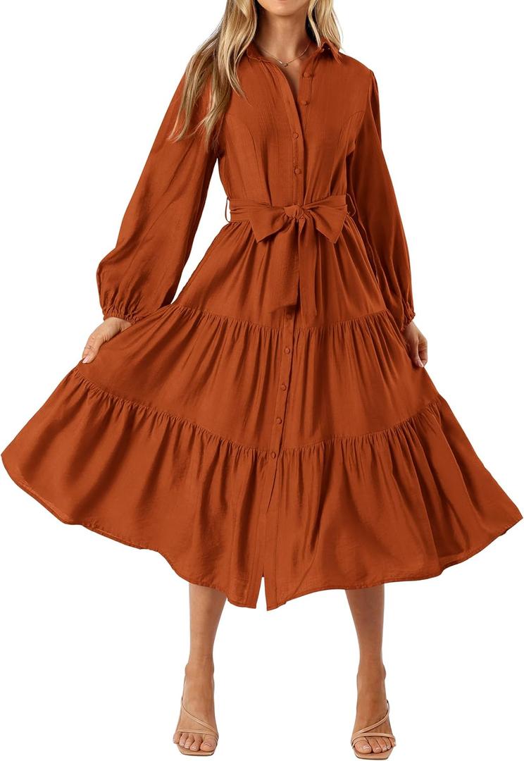 MASCOMODA Womens Dresses 2026 Fall Long Sleeve Midi Dress Casual V Neck Button Down Tiered Flowy Aline Tie Waist Shirt Dress (Red, XL)