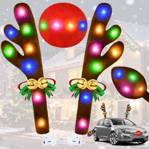 Christmas Car Decorations Reindeer Car Kit Antlers 2025, Jingle Bells Rudolph with Lights Reindeer and Nose, Tail Cute Costume Auto Accessories for Trunk Vehicles SUV Multicolor