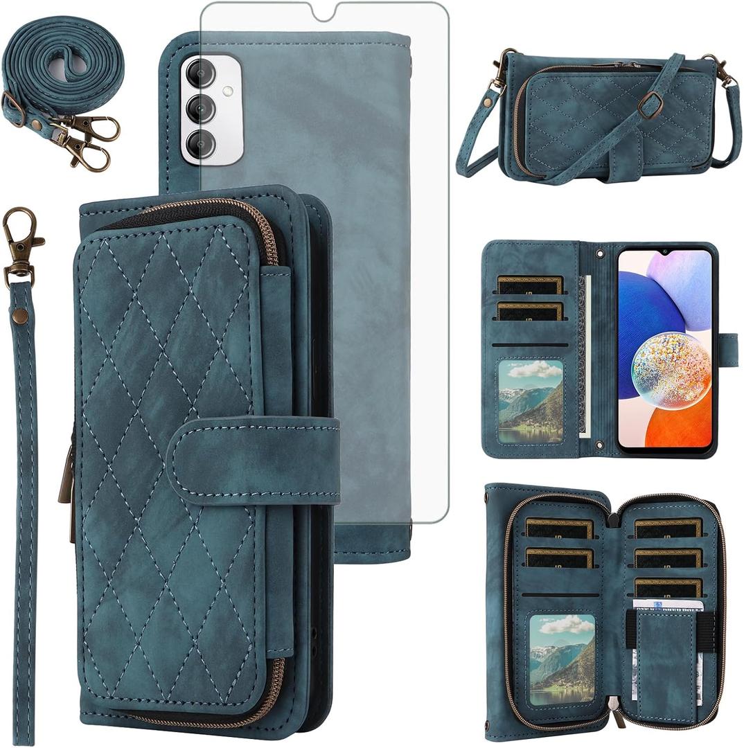 Phone Case for Samsung Galaxy A14/M14 5G Wallet Cell Cover with Tempered Glass Screen Protector Crossbody Lanyard Strap Flip Stand Zipper Purse Card Holder Slot Cash A 14 4G 14A 14M G5 Women Men Blue