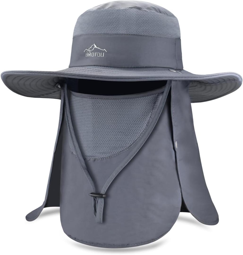 BROTOU Sun Cap Fishing Hats, UPF 50+ Wide Brim Outdoor Protection Hat, Sun Hat with Face & Neck Flap Cover for Men and Women (One Size, Gray)