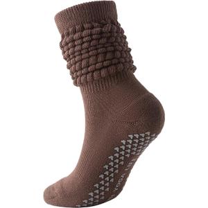 Pilates Socks with Grips Non-slip Slouch Socks with Grip Socks for Women Yoga, Barre, Dance, Fitness, Workouts (One Size, Brown)