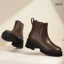 IDIFU IN2 Women's Chelsea Boots Platform Low Block Chunky Heeled Ankle Boots Round Toe Lug Sole Slip On Dress Boots Fall Work Dressy Comfortable Fashion Casual Short Booties Shoes (7.5, Brown Pu)