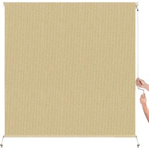 Boho Seasame Outdoor Roller Shade 7' W x 8' H, Exterior Cordless Patio Shades Roll up-Down Blinds Spliced Design (Fixed 2 Poles, One-Full Fabric Sunshade)
