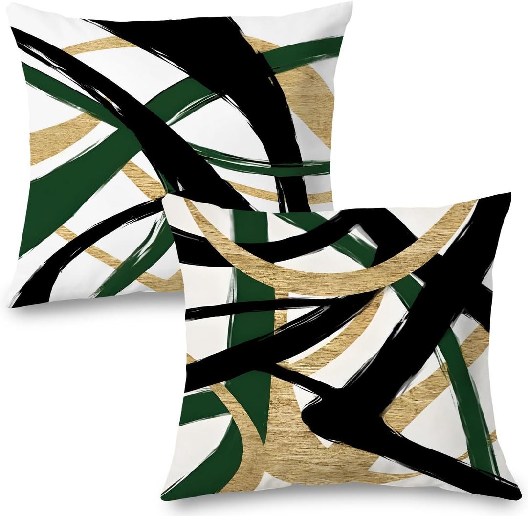 Black Gold Green Pillow Covers, Abstract Black and Gold Pillow Covers 18x18 Set of 2, Modern Boho Decorative Throw Pillows Cover for Couch Bed Living Room