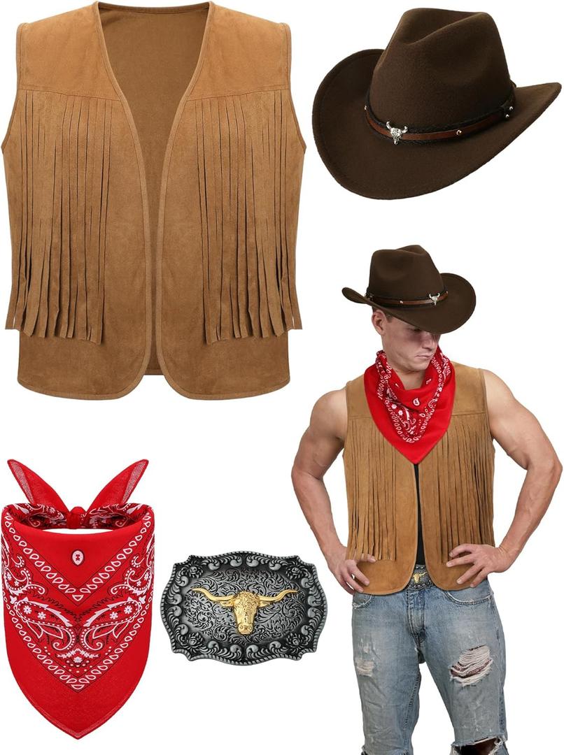 Toulite 4 Pcs Western Outfits for Men Cowboy Tassel Vest Hat Belt Buckle Paisley Bandana for Halloween Cosplay (Small, Brown,Coffee,Red)