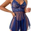 Women's Lingerie Sexy Lace Babydoll Dress Pajamas with Pantie Navy (Large)