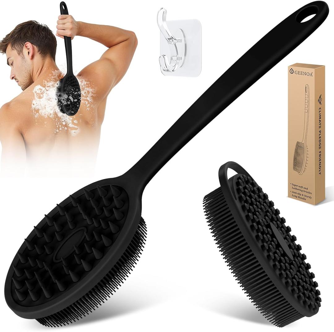 Silicone Back & Body Scrubber Set 2PCS, 13.4'' Gentle Exfoliating Back Scrubber with Dual-Side Head and Non-Slip Handle, Hygienic Silicone Loofah with Soft Bristles and Massage Dots(Black-2PC)