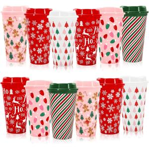Whaline 12Pcs Christmas Plastic Cups Gifts 16oz Drinking Cup with Lids Pink Red Green Xmas Tree Gingerbread Snowflake Reusable Coffee Cup for Women Coworkers Holiday Drinks Winter New Year Supplies