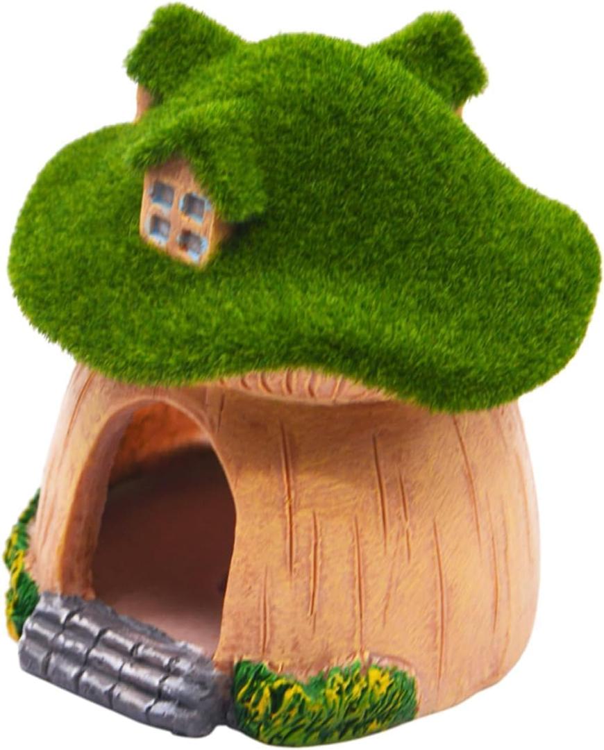 Aquarium Decoration House,Betta Fish Tank Hideaway Landscape, Green Moss Mushroom House Shelter, Reptiles Fish and Shrims Fairy Garden Cave Decor
