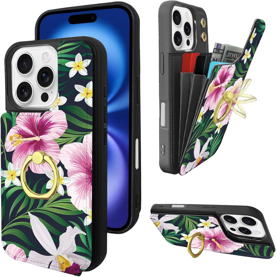 TopPerfekt Compatible with iPhone 16 Pro Wallet Case with Card Holder, 360 Rotation Finger Ring Holder Kickstand Protective RFID Blocking PU Leather Pattern Double Buttons Flip 6.3" Florals Green