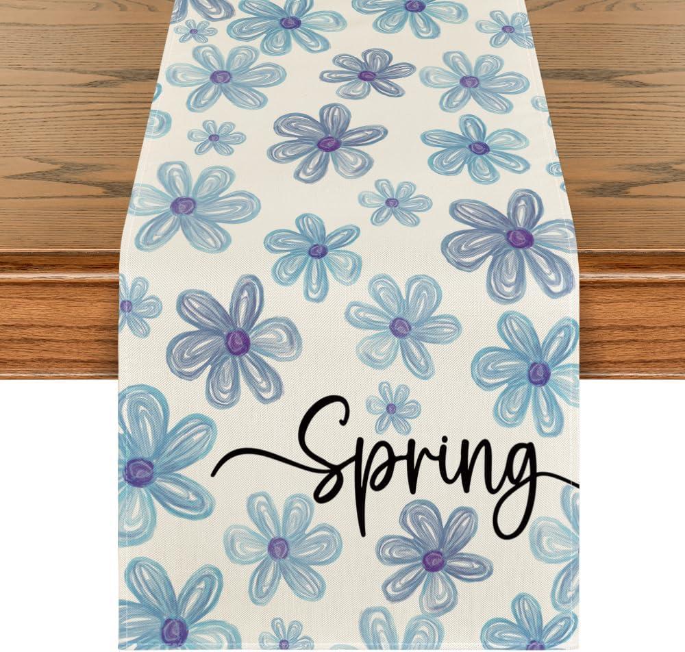 2 x Artoid Mode Blue Beige Hand-Painted Daisy Flower 210 GSM Spring Table Runner, Summer Kitchen Dining Table Decoration for Home Party Decor 13x72 Inch