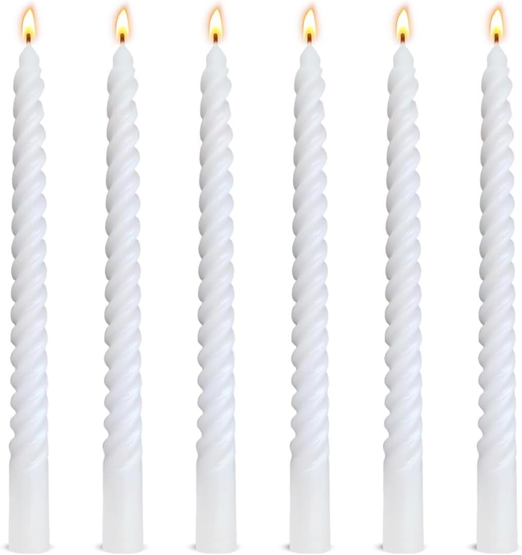 6 Pack 10 Inch White Spiral Taper Candles for Home Decor and Religious Ceremonies, Unscented Dripless Twisted Candlesticks for Weddings Dinner Holiday Decoration Formal Events