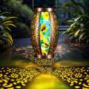 2PC Solar Lantern Outdoor Waterproof Glass & Metal Garden Decor Gifts for Women Mom Grandma Large Hanging Solar Light Tabletop Lamp for Yard, Patio, Porch (Butterfly)