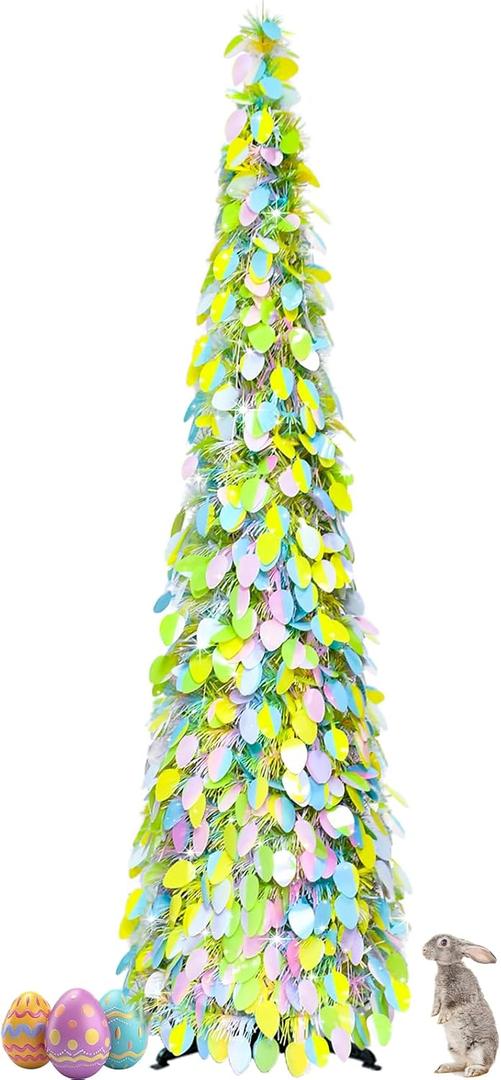 Pop Up Easter Egg Tree, 5FT Artificial Colorful Easter Egg Tree, Collapsible Tinsel Pencil Tree Easy-Assembly Coastal Glitter Artificial Tree for Apartment Party Corner Home Indoor Spring Decor