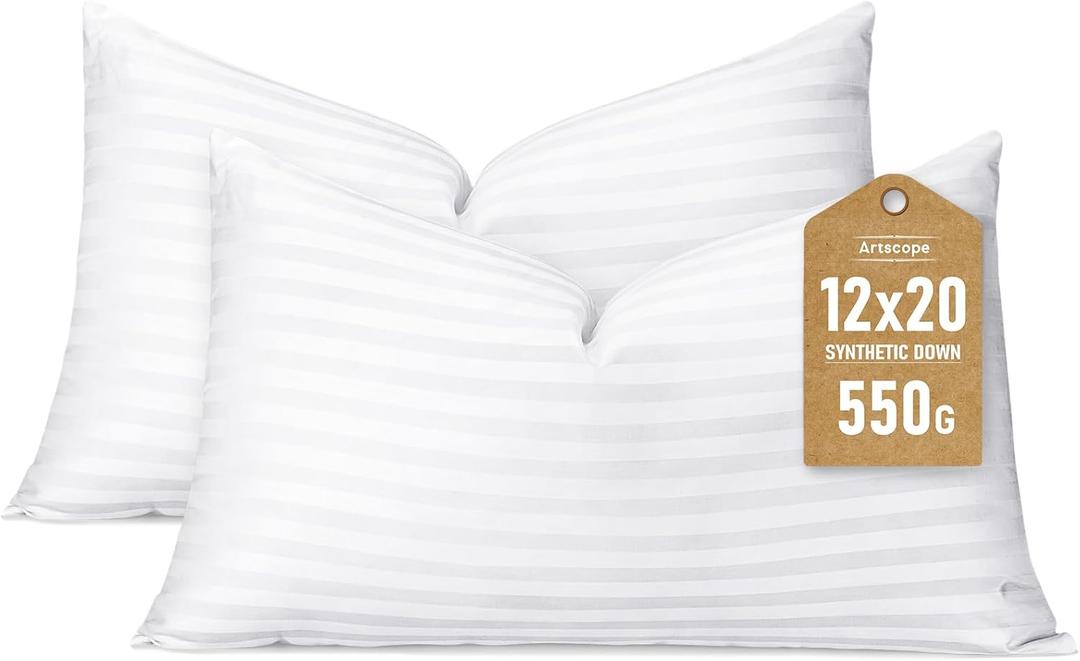 Artscope Synthetic Down Lumbar Pillow Insert, 12x20 Down Alternative Throw Pillow Insert. Ultra Soft Fluffy Sleeping Pillow with 100% Cotton Cover, Decorative Pillows Set of 2-Striped