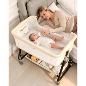 Baby Bassinets Bedside Sleeper with Wheels and Mattress, Cosleeping Baby Bed with Storage, Co-Sleeper Bassinet Attach to Bed, Bed Side Crib with Breathable Mesh, Height Adjustable (Beige), 35.4‘’L*21.7''W*28''-32.7''H