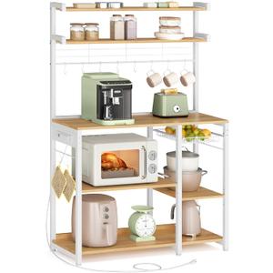 VASAGLE Bakers Rack with Power Outlet, 35.4 Inches Microwave Stand, Coffee Bar, 4 AC Outlets, with Adjustable Shelves, 8 S-Hooks, Basket, Spice Racks, Golden Oak and Cloud White UKKS031Y09