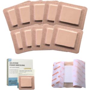 Silicone Foam Dressing 4x4 | Medical Grade Wound Care & Dressings | Waterproof Non-Stick Pads for Sensitive Skin (10 Pack) Medical Bandages for Post-Surgery, Bed Sores & Burns