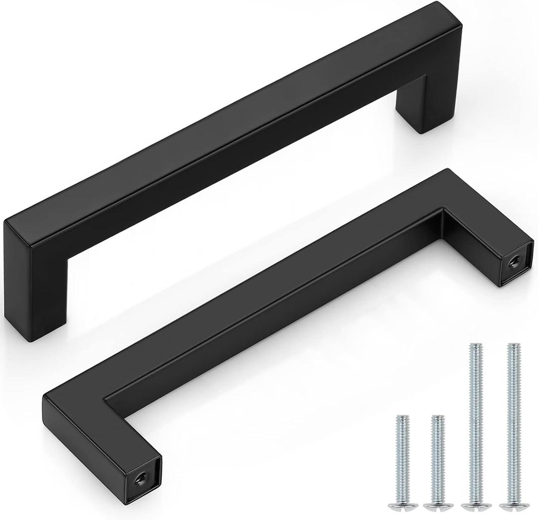 Probrico (5 Pack) Matte Black Square Cabinet Pulls Stainless Steel 5 Inch(128mm) Hole Center Drawer Handles Modern Kitchen Cabinet Hardware