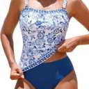 ZAFUL Women's Tummy Control Tankini Swimsuits Floral Print Two Piece High Waisted Bathing Suits Full Coverage Bikini Bottoms, S