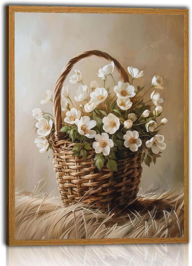 RERNIE Flowers in Basket Wall Art Countryside Cottage Wildflower White Floral Cottagecore Green Plant Paintings Decor Flower Still Life Neutral 16x24 Inch With frame