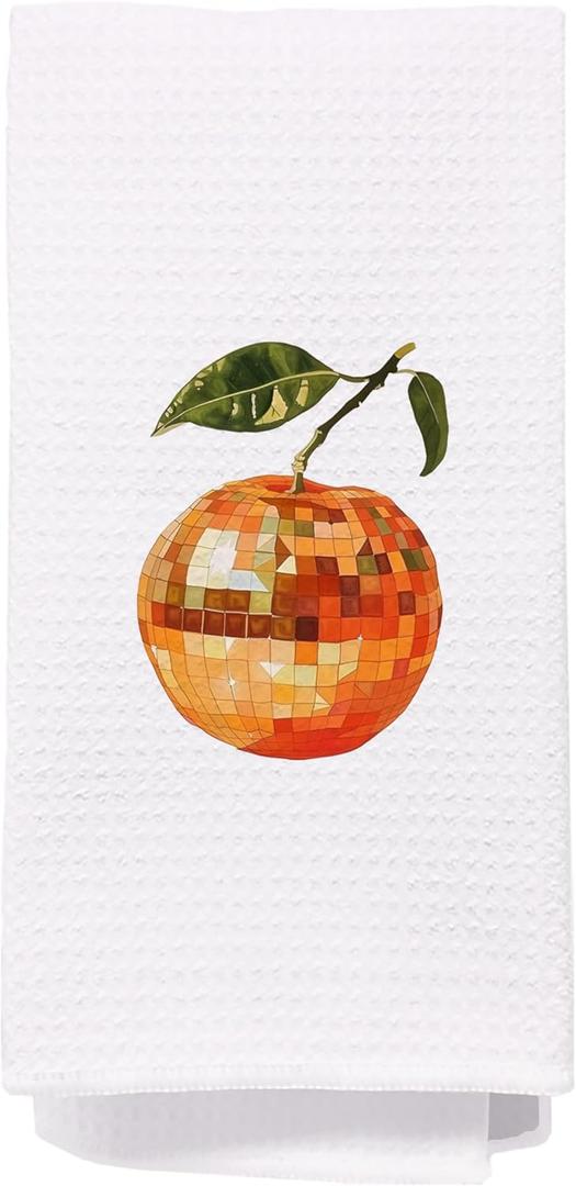 Trendy Orange Kitchen Towels, Funky Y2K Disco Ball Orange Dish Tea Towels for Kitchen Decor, Retro Citrus Fruit Decorative Hand Towels for Bathroom, 16x24 Inch