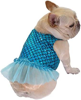 Moorfowl French Bulldog Fairy Meraid Dress Dog Girl Tulle Slip Skirt Sparkly Pug Princess Sequins Halloween Christmas Party Dress Doggie Summer Clothes (L(Back 12.59", Chest 20.07" - 21.65"), Blue)