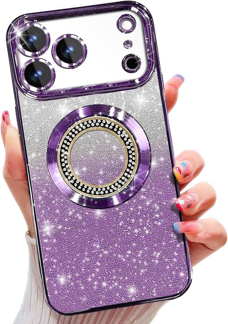 Misscase for iPhone 17 Pro Max Magnetic Glitter Case Compatible with MagSafe, Full Protection Slim Shockproof Anti-Scratch Case with Camera Lens Protector Plating Bling Dust-Proof Net Purple